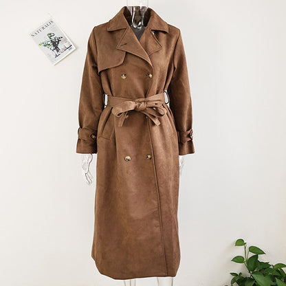 Double-Breasted Suede Coat with Belt – Vintage Winter Outwear