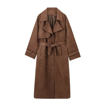 Double-Breasted Suede Coat with Belt – Vintage Winter Outwear