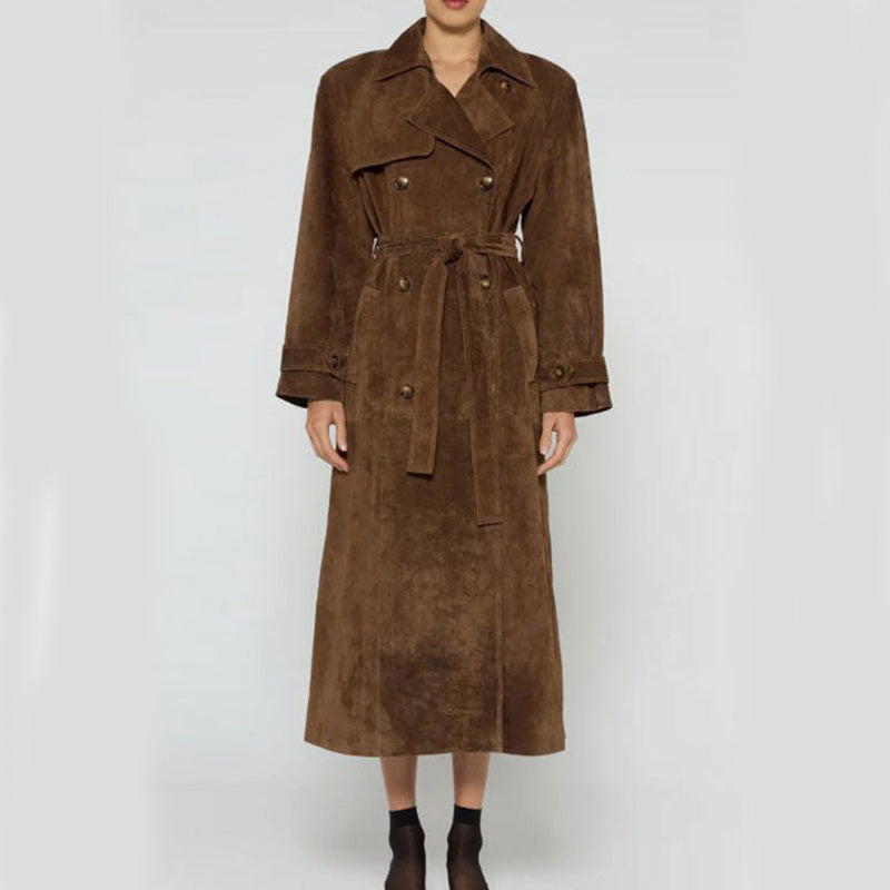 Double-Breasted Suede Coat with Belt – Vintage Winter Outwear