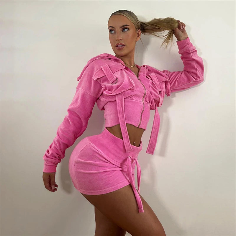 Ladies Pink Sexy Long Sleeve Hooded Crop Sweat Outfits