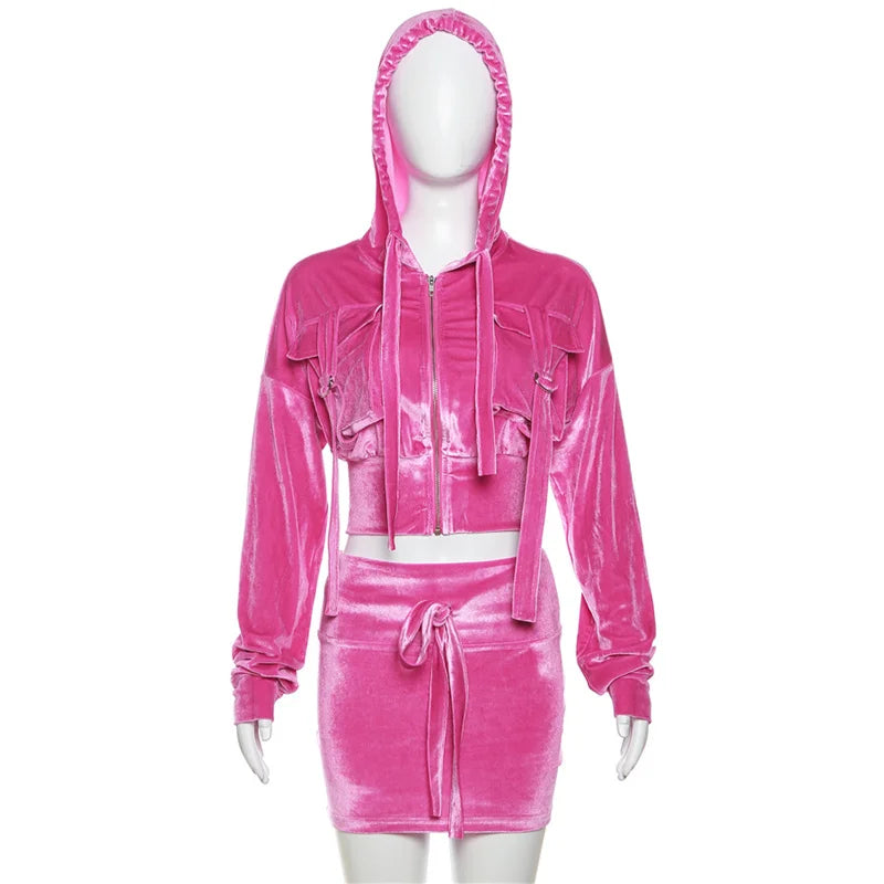 Ladies Pink Sexy Long Sleeve Hooded Crop Sweat Outfits