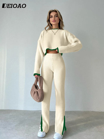 2-Piece Autumn Umbilical Long Sleeve O-Neck Sweater With Pants.