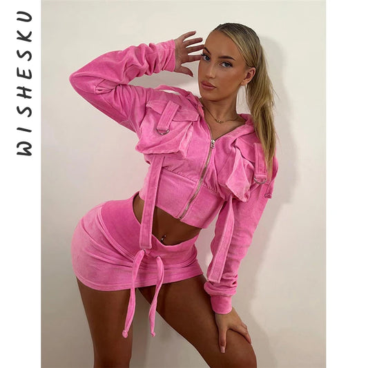 Ladies Pink Sexy Long Sleeve Hooded Crop Sweat Outfits