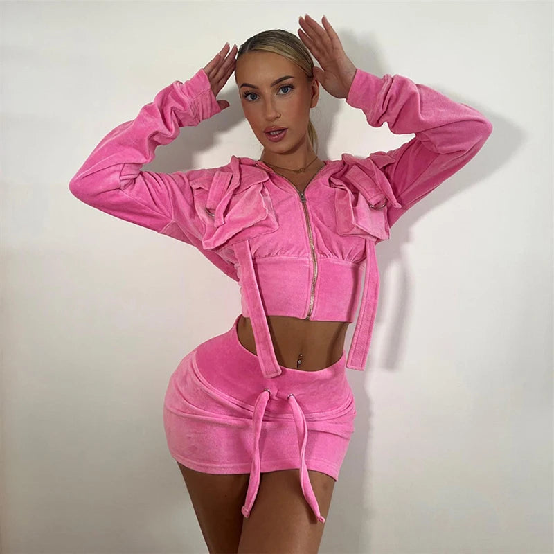 Ladies Pink Sexy Long Sleeve Hooded Crop Sweat Outfits