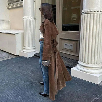 Double-Breasted Suede Coat with Belt – Vintage Winter Outwear